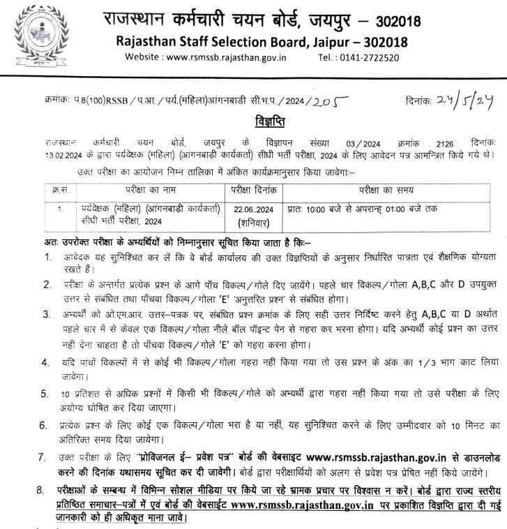 Rajasthan Anganwadi Supervisor Recruitment 2024 Exam Date