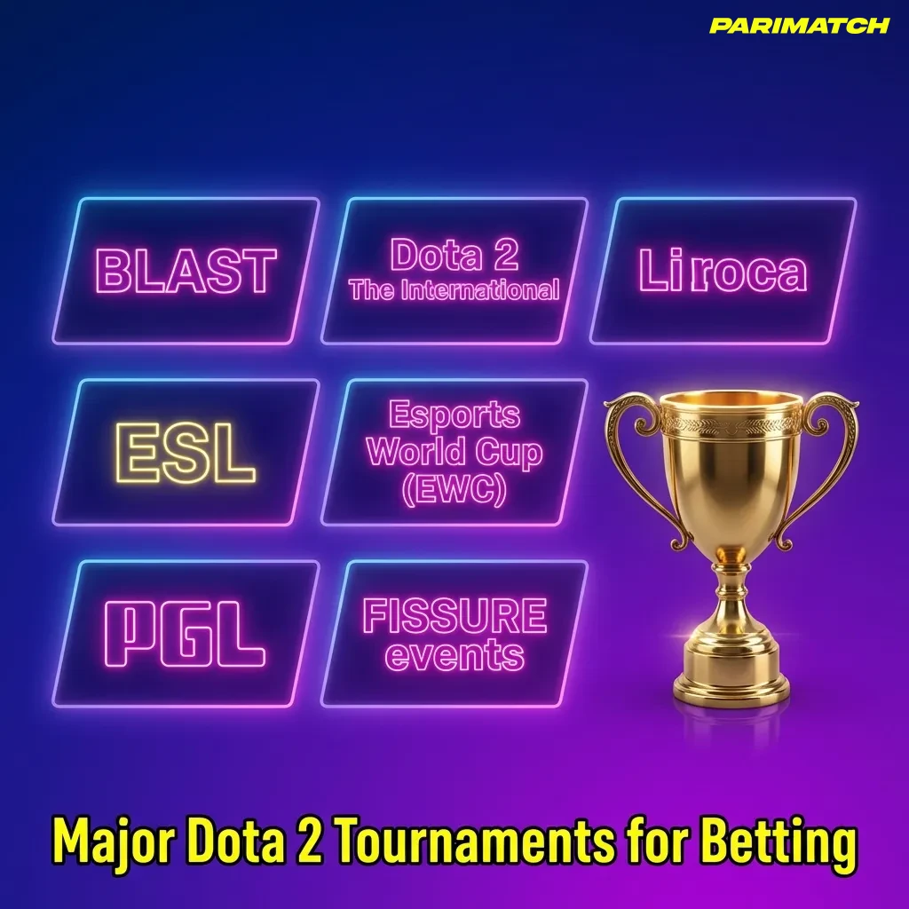 Professional Dota 2 tournament logos including The International, BLAST, ESL Pro Tour, and other major competitive events — Parimatch in India