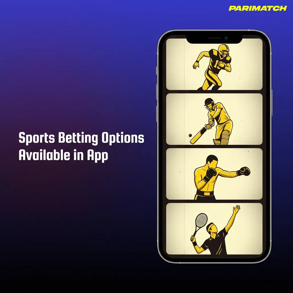 Parimatch India app interface showing diverse sports betting options including cricket, football, kabaddi, and esports
