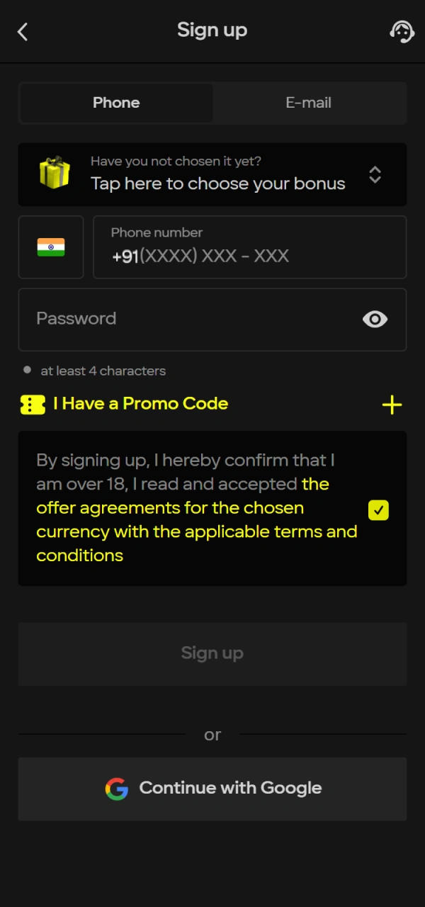 Sign up and start the Parimatch Bonuses activation process in India.