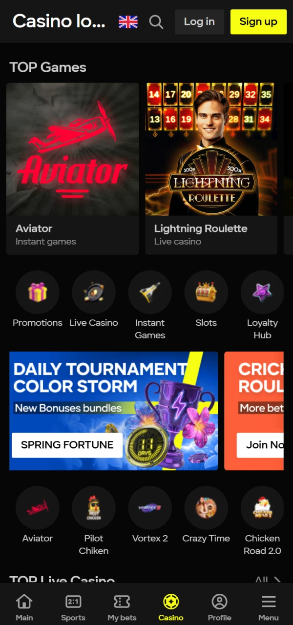 Play popular games and slots within the Parimatch Interface casino lobby.