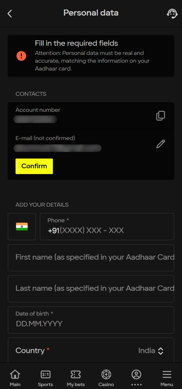 Complete your profile security for safe Parimatch Vortex gaming.