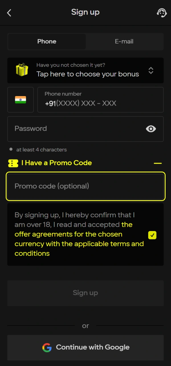 Fill in the required data for a successful Parimatch iOS Account registration.
